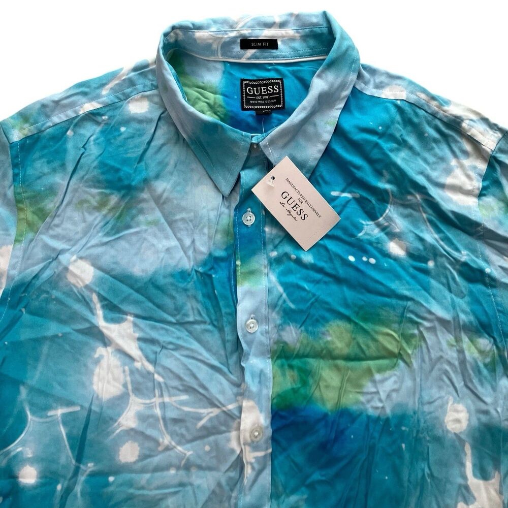 GUESS Shirt Mens L Blue Slim Fit Submerged Button-Up Short Sleeve Tropical Beach